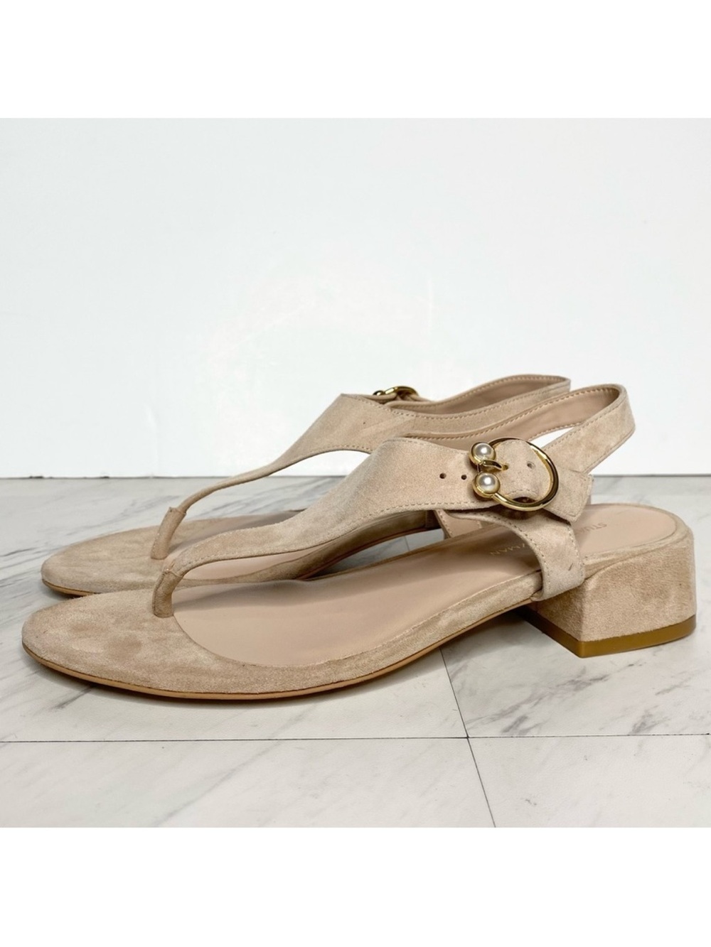 Stuart Weitzman Tan Suede T Strap Block Heel Sandal 7 1/2 B